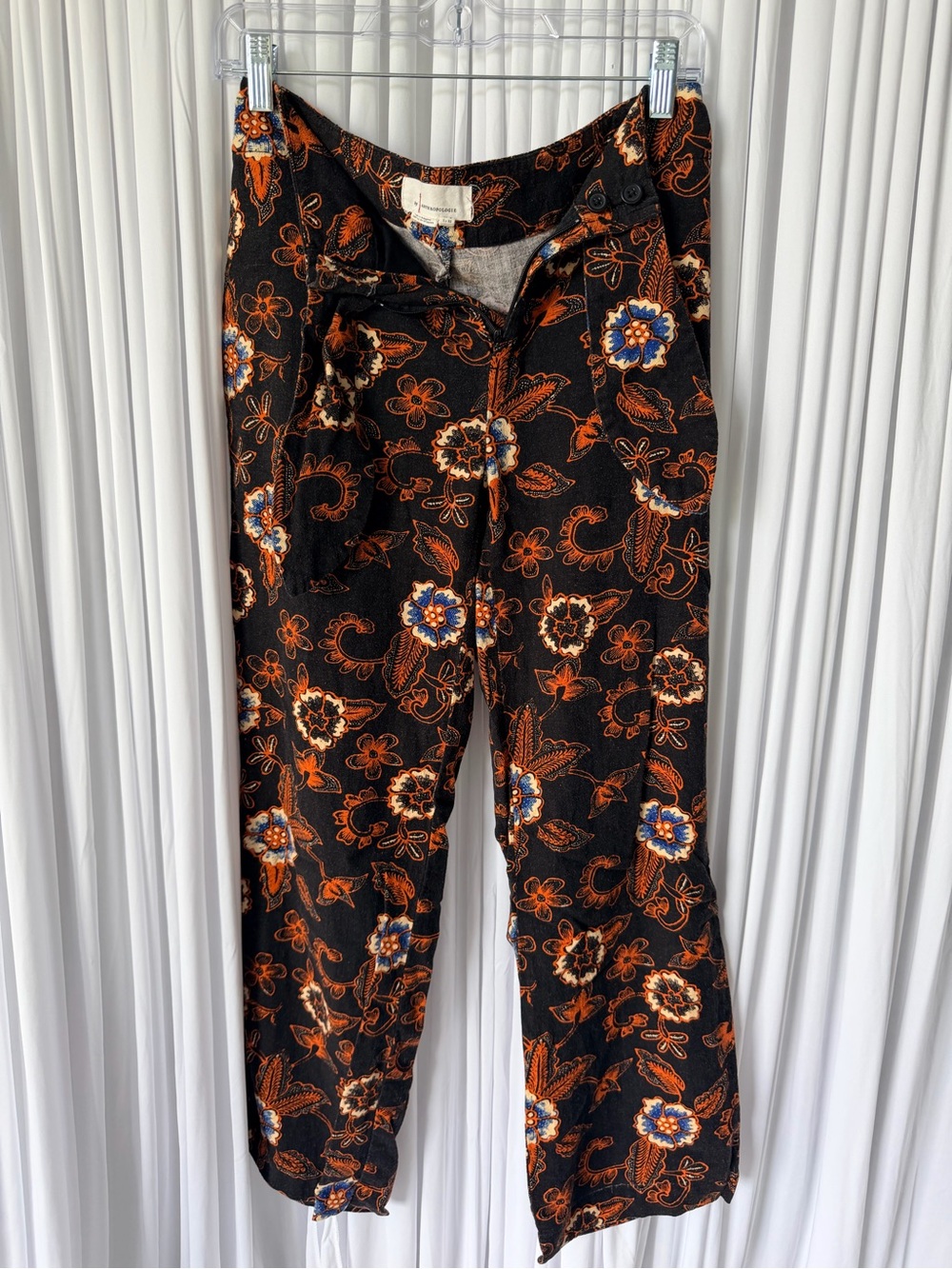 Anthropologie Black Wide-Leg Pants with Orange & Blue Floral Print